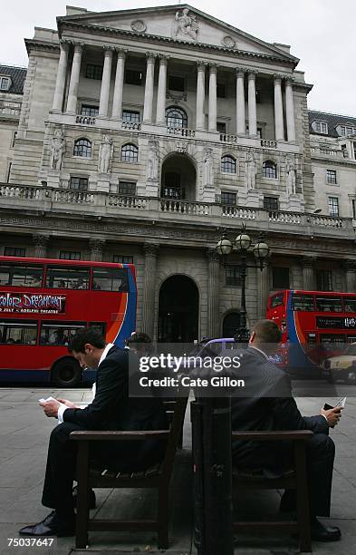 Bank of England headquarters on Threadneedle Street in London City. Bank of England raised UK interest rates to 5.75per cent, which is its fifth rate...