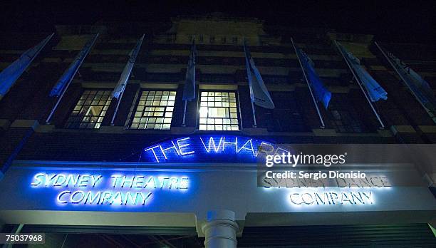 An external view of the Sydney Theatre Company by night during the opening night of Wharf 2LOUD's production "Dead Caesar: The Chaser's War on...