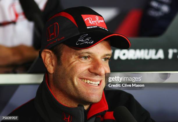 Rubens Barrichello of Brazil and Honda Racing attends the drivers press conference during previews prior to the British Formula One Grand Prix at...