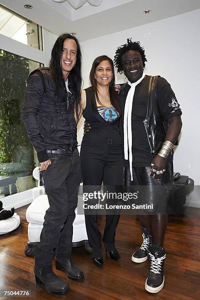 Rick Owens, Laurie Lynn Stark and Moko at the first anniversary of the Chrome Hearts Store on July 4, 2007 in Paris, France.