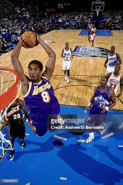 Kobe Bryant of the Los Angeles Lakers attempts a dunk during the 1998 NBA All-Star Game on February 8, 1998 at Madison Square Garden in New York, New...