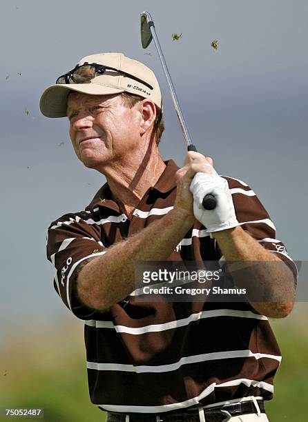 Tom Watson watches his tee shot on the 12th hole during the first round of the United States Senior Open at Whistling Straits on July 5, 2007 in...