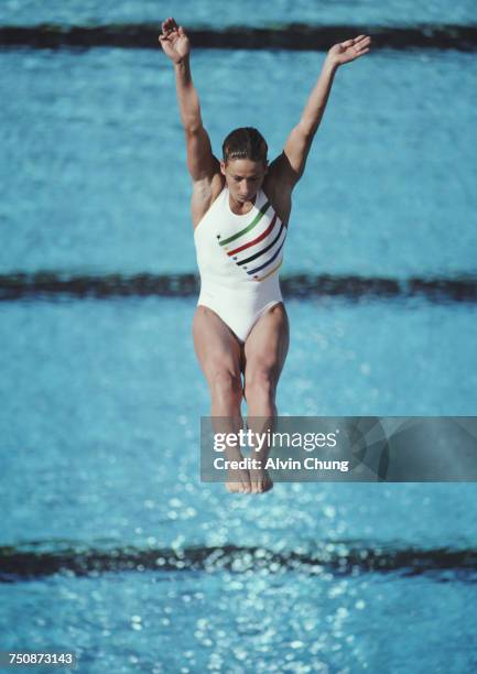 Christina Seufert of the United States competes in the Women's 3 metre Springboard Diving event on 6 August 1984 during the XXIII Olympic Games at...