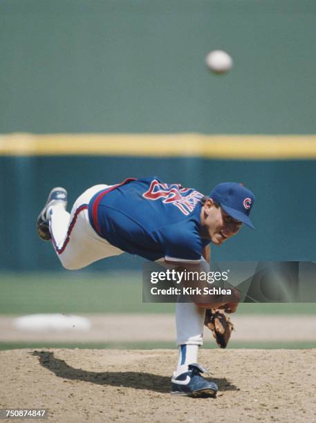 Mike Bielecki, pitcher for the Chicago Cubs on the mound throwing a pitch during the Major League Baseball National League East game against the...