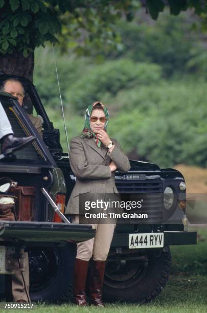 Queen Elizabeth II at the Royal Windsor Horse Show, Windsor Great Park, 13th May 1988.