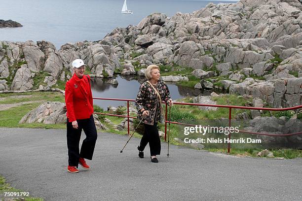 Queen Margrethe of Denmark and Queen Beatrix of the Netherlands arrive for part of the celebrations for Norway's Queen Sonja's 70th birthday, as the...