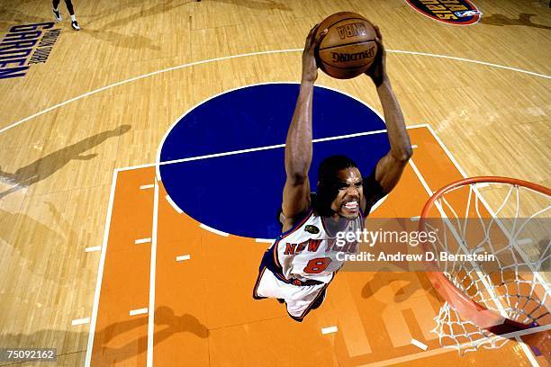 Latrell Sprewell of the New York Knicks dunks in Game Four of the 1999 NBA Finals at Madison Square Garden on June 23, 1999 in New York, New York....