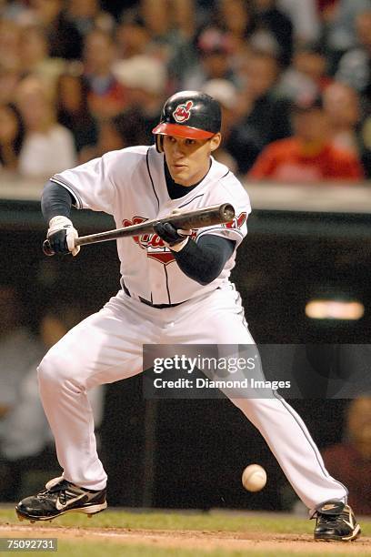 Outfielder Grady Sizemore bunts during the Cleveland Indians game versus the Tampa Bay Devil Rays on Monday, July 2, 2007 at Jacob's Field in...