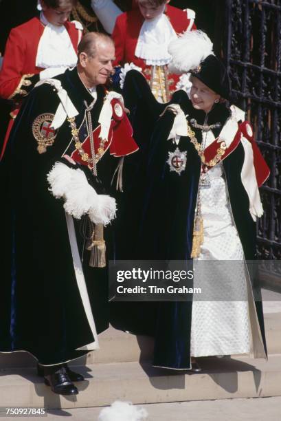Queen Elizabeth II and Prince Philip at the Garter Service held at St George's Chapel, Windsor Castle, 17th June 1991.