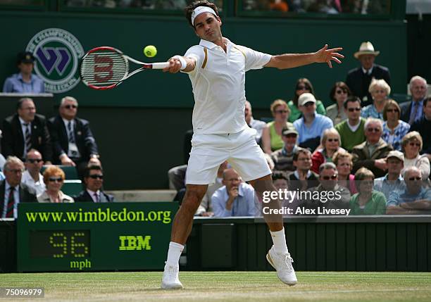 Roger Federer of Switzerland plays a forehand during the Men's Singles quarter-final match against Juan Carlos Ferrero of Spain during day eleven of...