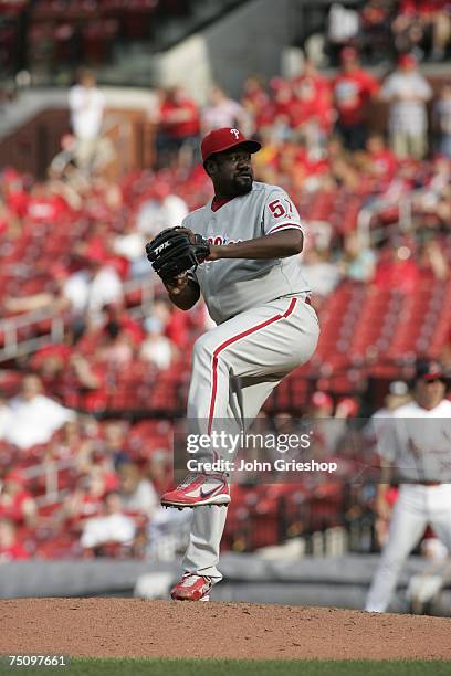 Antonio Alfonseca of the Philadelphia Phillies pitches during the game against the St. Louis Cardinals at Busch Stadium in St. Louis, Missouri on...