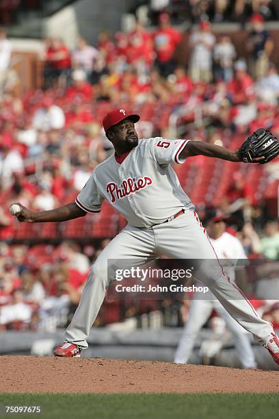 Antonio Alfonseca of the Philadelphia Phillies pitches during the game against the St. Louis Cardinals at Busch Stadium in St. Louis, Missouri on...