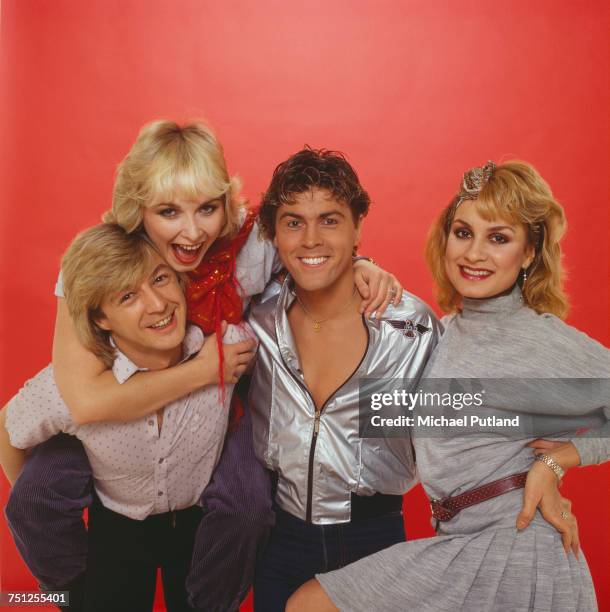 British pop group Bucks Fizz, 1982. Left to right: Bobby G, Cheryl Baker, Mike Nolan and Jay Aston.