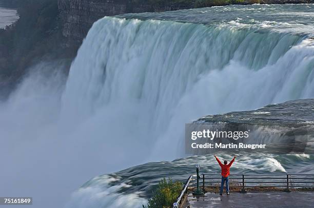 usa, new york state, niagara falls, man standing on lookout terrace with extended arms, elevated view - niagarafälle stock-fotos und bilder