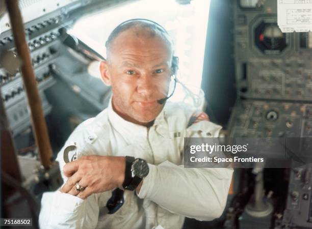 Lunar Module pilot Edwin E. Aldrin Jr on board the Lunar Module during the Apollo 11 lunar landing mission, 20th July 1969.