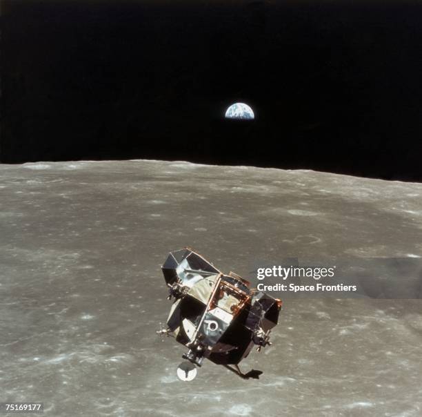 The Apollo 11 Lunar Module 'Eagle' begins its ascent to rendezvous with the Command/Service Module 'Columbia' after its successful lunar landing,...