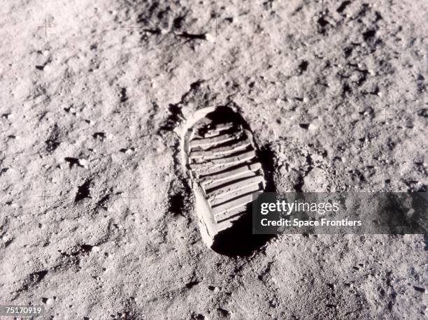 Footprint left on the surface of the moon by one of the Apollo 11 astronauts during their historic lunar EVA, 20th July 1969.