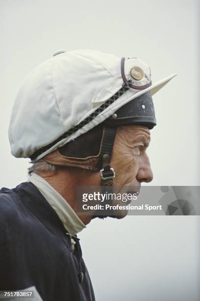 English jockey Lester Piggott pictured after coming out of retirement to resume his racing career as a jockey at a horse race meeting at Leicester...
