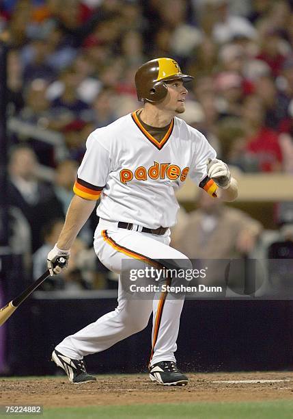 Chase Headley of the San Diego Padres makes a hit during the game against theBoston Red Sox on June 22, 2007 at Petco Park in San Diego, California.