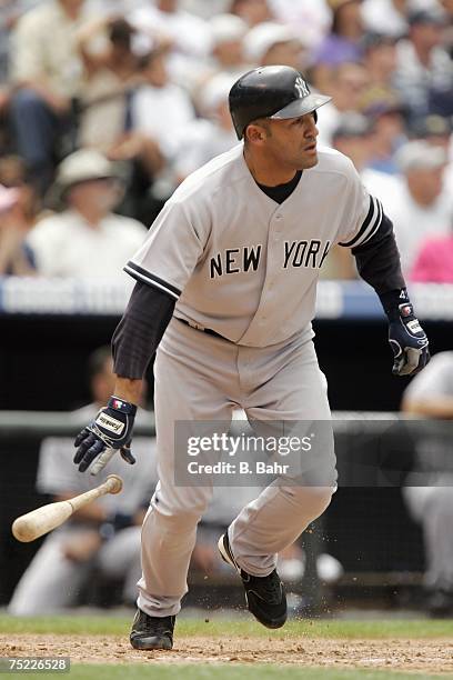 Miguel Cairo of the New York Yankees bats against the Colorado Rockies on June 21, 2007 at Coors Field in Denver, Colorado. The Rockies won 4-3.