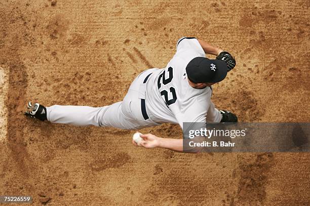 An overhead view as sStarting pitcher Roger Clemens of the New York Yankees warms up in the bullpen prior to a game against the Colorado Rockies on...