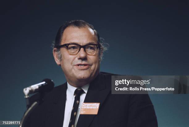 British Conservative Party politician and Home Secretary, Reginald Maudling pictured addressing the Conservative Party annual conference in Brighton,...