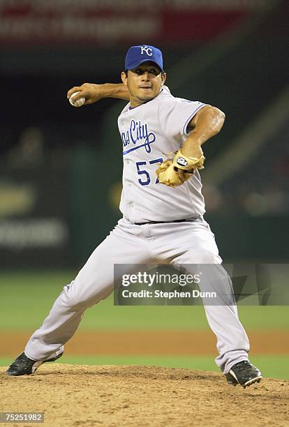 Joel Peralta of the Kansas City Royals delivers the pitch during the game against the Los Angeles Angels of Anaheim on June 26, 2007 at Angel Stadium...