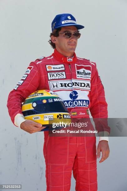 Ayrton Senna of Brazil and driver of the Honda Marlboro McLaren McLaren MP4/6B Honda V12 poses for a portrait during practice for the Yellow Pages...