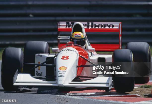 Ayrton Senna of Brazil drives the Marlboro McLaren McLaren MP4/8 Ford HBE7 V8 during the Belgian Grand Prix on 29 August 1993 at the Circuit de Spa...