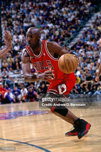Michael Jordan of the Chicago Bulls drives to the basket against the Utah Jazz in Game Two of the 1998 NBA Finals at the Delta Center on June 5, 1998...