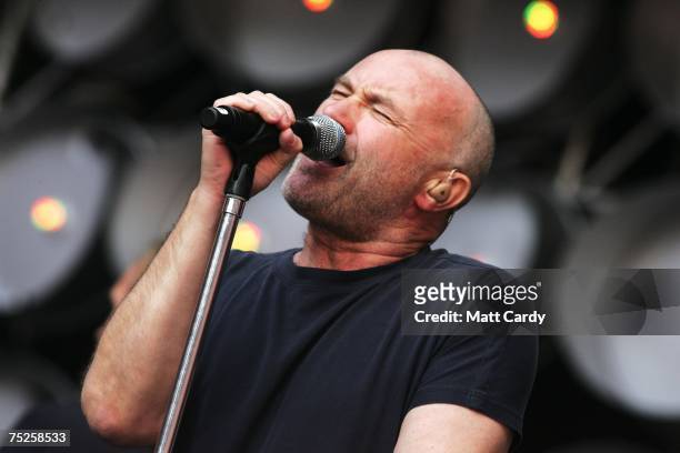Phil Collins of British rock group Genesis performs on stage during the Live Earth concert held at Wembley Stadium on July 7, 2007 in London. Live...