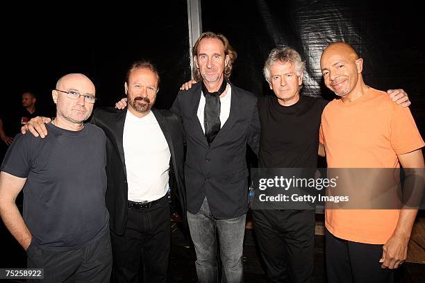 Genesis including frontman Phil Collins pose backstage during the Live Earth concert at Wembley Stadium on July 7, 2007 in London, England. Live...