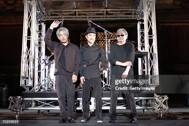 Ryuichi Sakamoto Yukihiro Takahashi Haruomi Hosono perform on stage at the Kyoto leg of the Live Earth series of concerts, at the To-Ji Buddhist...