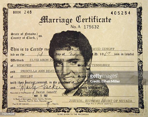 Detail view of a copy of Elvis and Priscilla Presley's Las Vegas marriage license from 1967 is seen at the Graceland Wedding Chapel July 7, 2007 in...