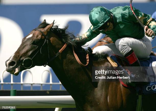 Frankie Dettori and Authorized come home to get second place in The Coral-Eclipse Race run at Sandown Racecourse on July 7 in Sandown, England.