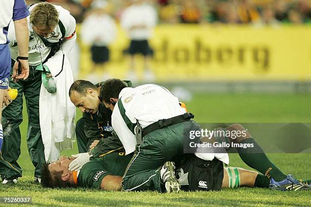 Bob Skinstad injured during the 2007 Tri Nations match between Australian Wallabies and the South African Springboks at Telstra Stadium on July 7,...