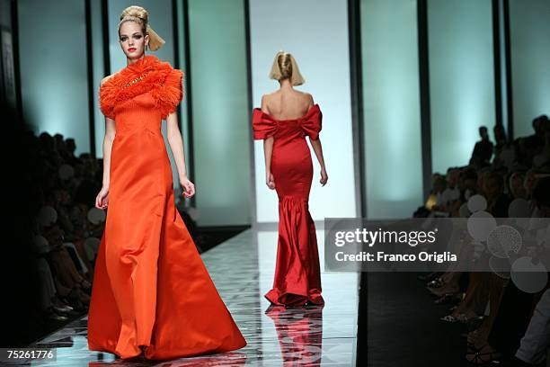 Model wearing creations as part of the Valentino - Fall/Winter Haute Couture Fashion Show walks the catwalk at the Santo Spirito in Sassia complex on...