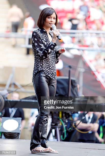 Thandie Newton onstage during the Live Earth concert held at Wembley Stadium on July 7, 2007 in London. Live Earth is a 24-hour, 7-continent concert...