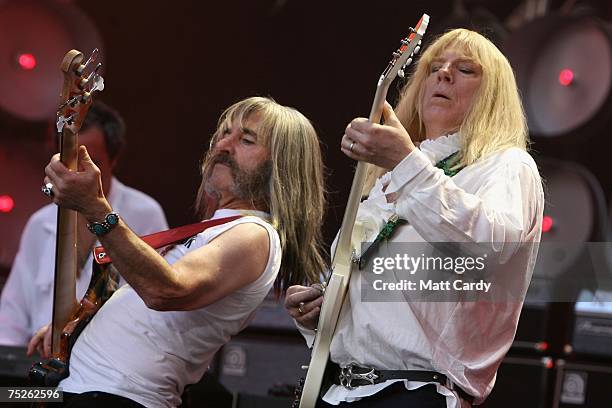 Harry Shearer and Michael McKean of spoof American heavy metal band Spinal Tap performs on stage during the Live Earth concert held at Wembley...