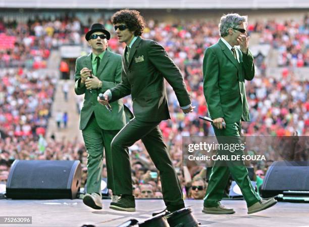 London, UNITED KINGDOM: Adam Horvitz, Mike Diamond and Adam Yauch of US band Beastie Boys performs at the Live Earth concert at Wembley stadium in...