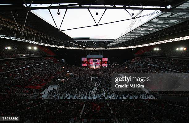 General view of the concert arena during the Live Earth concert held at Wembley Stadium on July 7, 2007 in London. Live Earth is a 24-hour,...