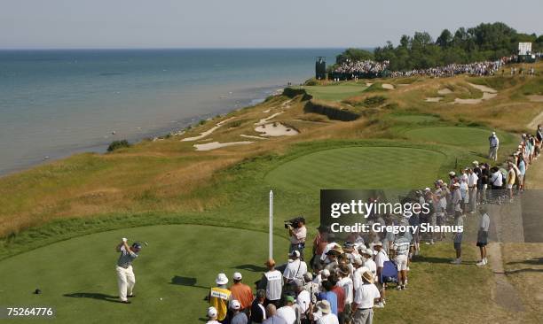 Tom Watson hits his tee shot on the 17th hole during the third round of the United States Senior Open at Whistling Straits July 7, 2007 in Kohler,...