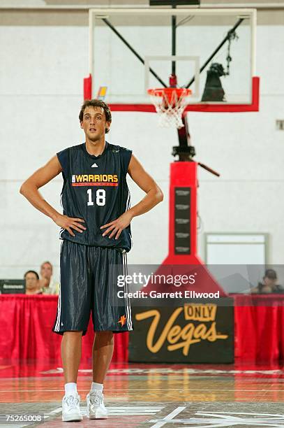 Marco Belinelli of the Golden State Warriors looks on during the game against the New Orleans Hornets during Game 1 of the NBA Summer League at the...
