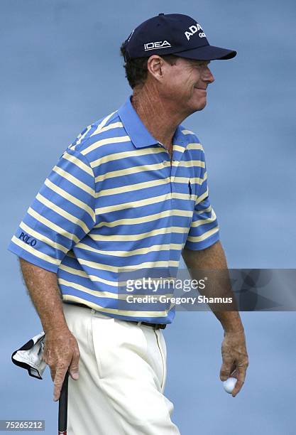 Tom Watson smiles after making a birdie on the 16h hole during the third round of the United States Senior Open at Whistling Straits July 7, 2007 in...
