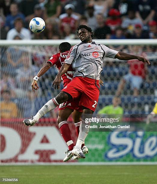 Collin Samuel of Toronto FC wins a header against Diego Gutierrez of the Chicago Fire on July 7, 2007 at Toyota Park in Bridgeview, Illinois.