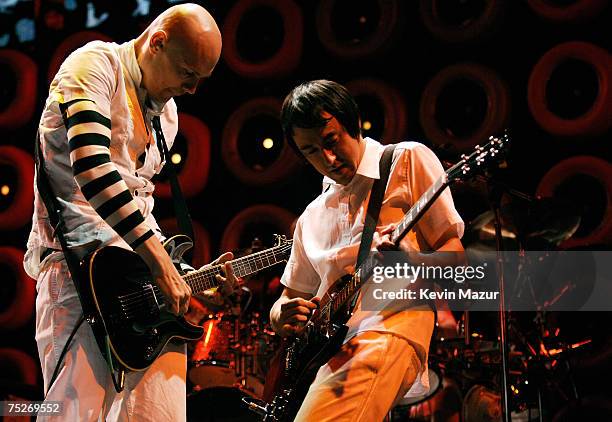 Singer/Guitarist Billy Corgan and Guitarist Jeff Schroeder of Smashing Pumpkins perform during Live Earth New York at Giants Stadium on July 7, 2007...