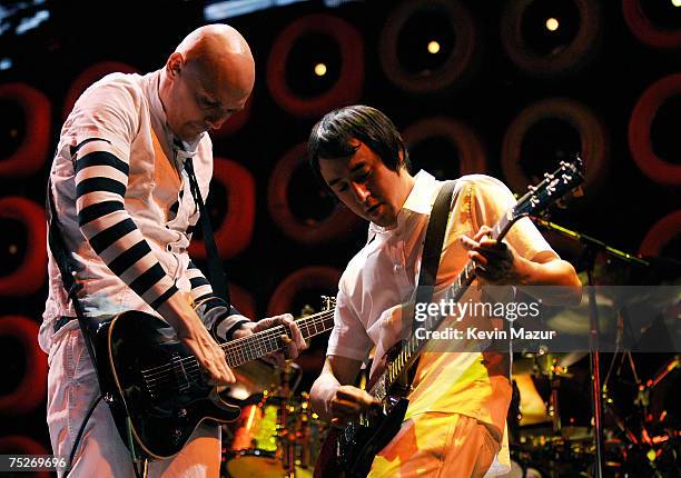 Singer/Guitarist Billy Corgan and Guitarist Jeff Schroeder of Smashing Pumpkins perform during Live Earth New York at Giants Stadium on July 7, 2007...