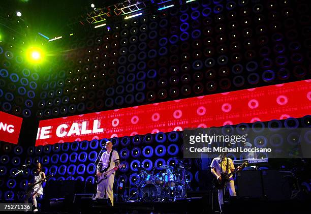 Bassist Ginger Reyes, Singer/Guitarist Billy Corgan, Drummer Jimmy Chamberlin and Guitarist Jeff Schroeder of Smashing Pumpkins perform onstage at...