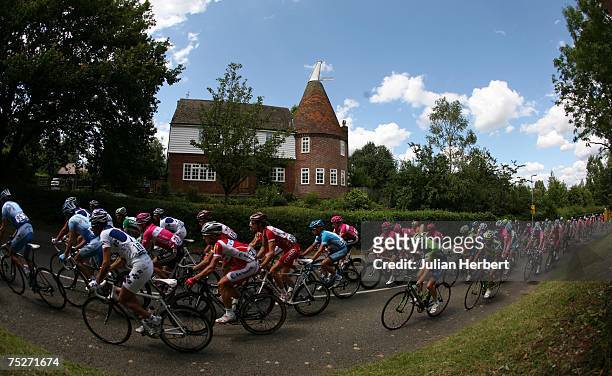 The Peloton in The Tour de France ride through the Kent countryside during stage one on July 8 in Horsemonden, England.