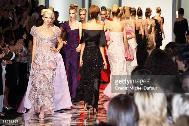 Models on the catwalk, at the Valentino - Fall/Winter Haute Couture Fashion Show at the Santo Spirito in Sassia complex on July 7, 2007 in Rome,...
